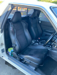 A pair of BRZ seats fitted into a Subaru Brumby